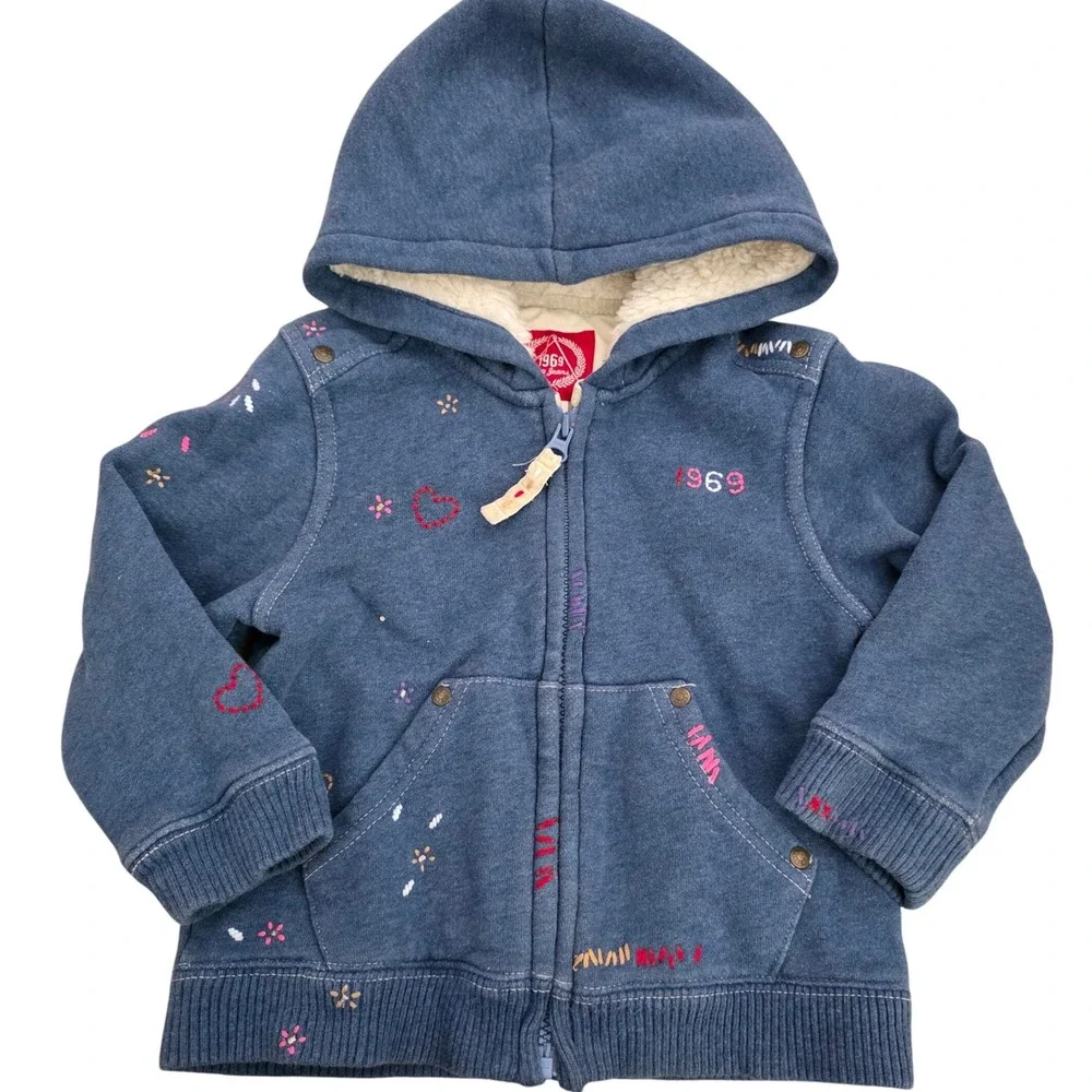 Baby Gap 1969 Jeans Blue Embroidered Sherpa Lined Zip Up Hoodie Toddler 2-3 Year